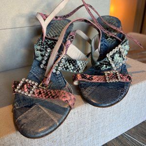 Karen Millen Leather Demin / Pink / Snakeskin Stiletto Heels With Diamond Buckle